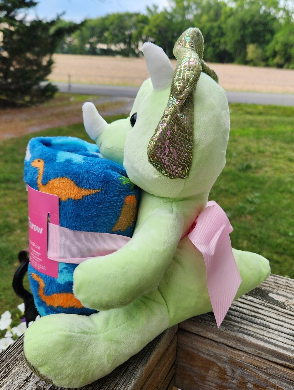 Plush Green Triceratops Holding Blue Patterned Throw - Picture 2 of 6